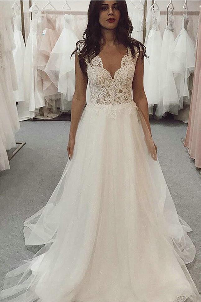 A-Line V-Neck Lace Top Wedding Dresses Tulle Bridal Gown