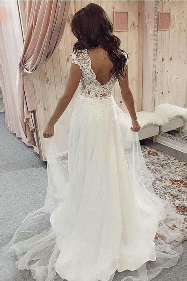 A-Line V-Neck Lace Top Wedding Dresses Tulle Bridal Gown