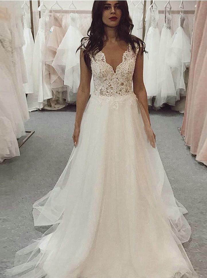 A-Line V-Neck Lace Top Wedding Dresses Tulle Bridal Gown