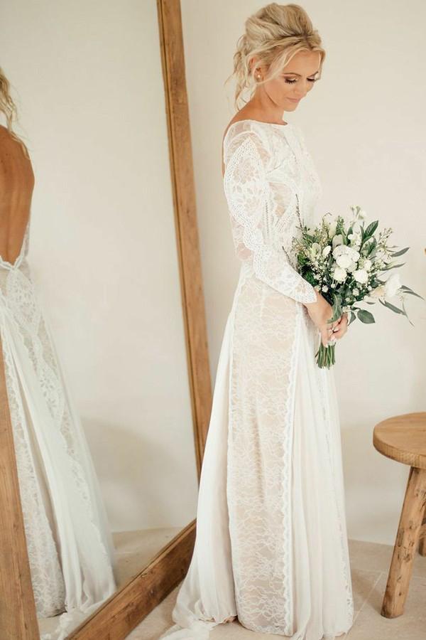 Bohemian Bateau Long Sleeves Backless Lace Wedding Dress