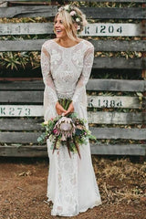 Bohemian Bateau Long Sleeves Backless Lace Wedding Dress