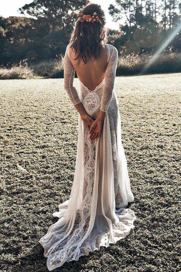 Bohemian Bateau Long Sleeves Backless Lace Wedding Dress