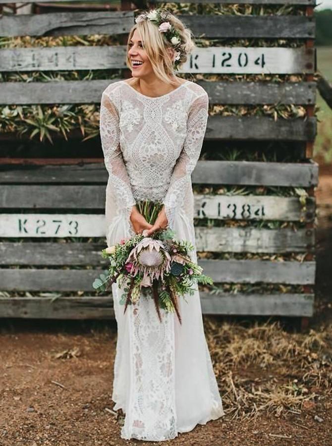 Bohemian Bateau Long Sleeves Backless Lace Wedding Dress