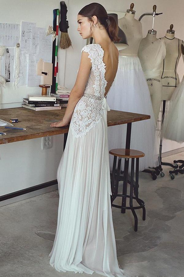 A-Line V-Neck Chiffon Lace Backless Wedding Dress with Beading