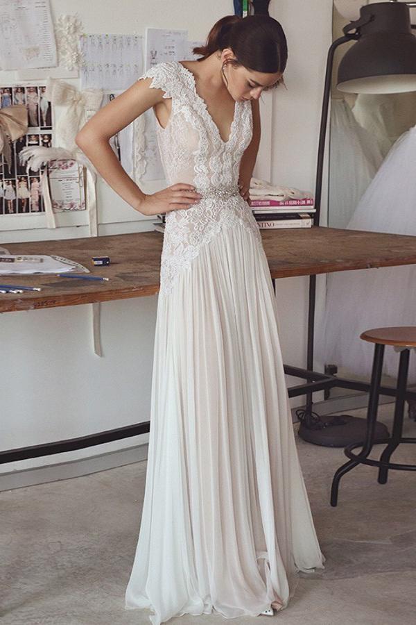 A-Line V-Neck Chiffon Lace Backless Wedding Dress with Beading