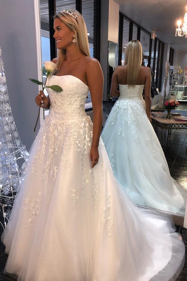 White A-Line Tulle Strapless Wedding Dresses with Appliques