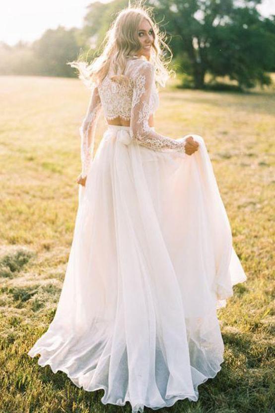 Two-Piece Round Neck Long Sleeves Lace Beach Boho Wedding Dress