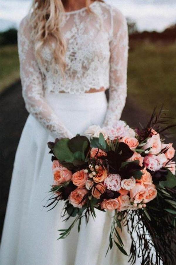 Two-Piece Round Neck Long Sleeves Lace Beach Boho Wedding Dress