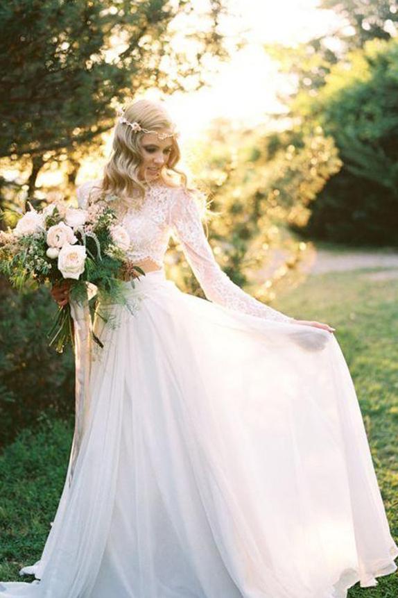 Two-Piece Round Neck Long Sleeves Lace Beach Boho Wedding Dress