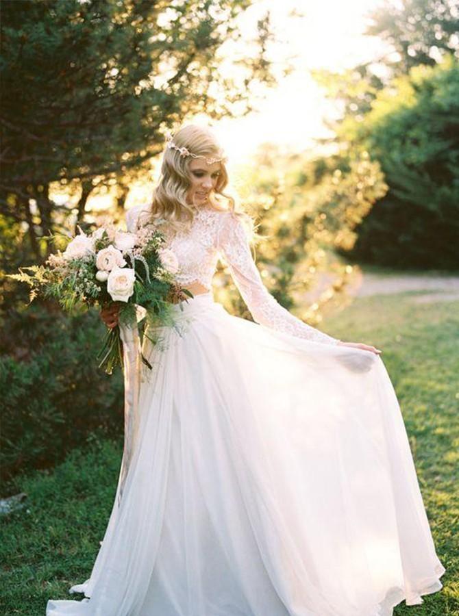 Two-Piece Round Neck Long Sleeves Lace Beach Boho Wedding Dress