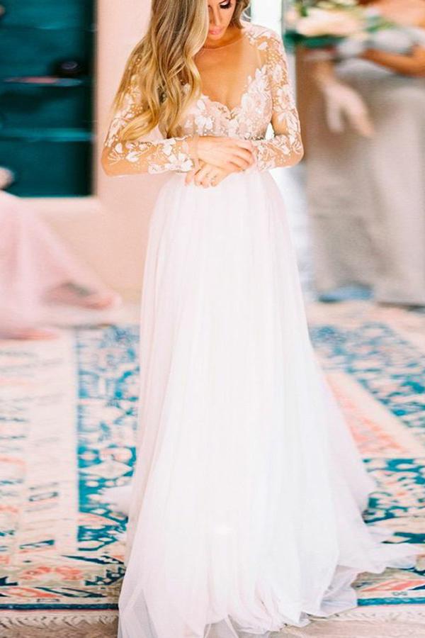 A-Line Sheer Bateau Backless Wedding Dresses with Appliques, Long Sleeves