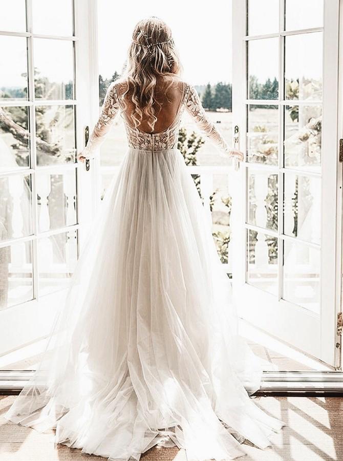 A-Line Sheer Bateau Backless Wedding Dresses with Appliques, Long Sleeves