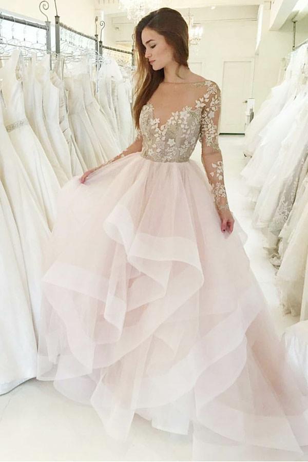 Princess Pink Bateau Long Sleeves Wedding Dresses with Appliques