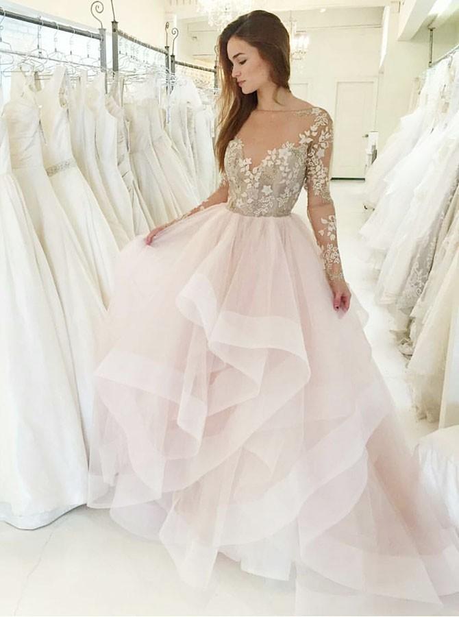 Princess Pink Bateau Long Sleeves Wedding Dresses with Appliques