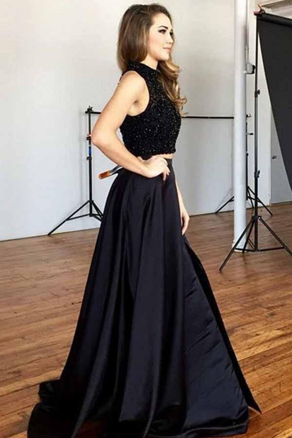 Two Piece Round Neck Satin Beaded Lace Black Prom Dresses with Slit