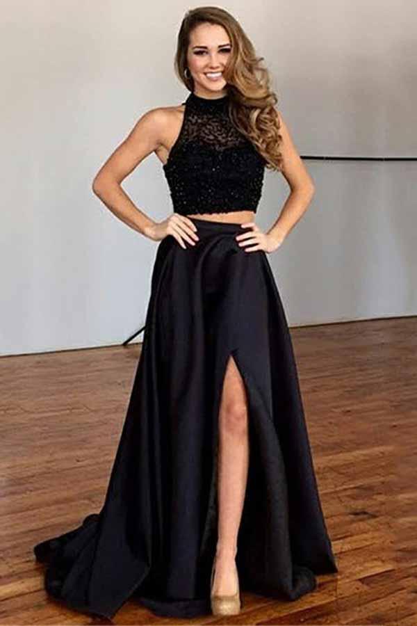 Two Piece Round Neck Satin Beaded Lace Black Prom Dresses with Slit