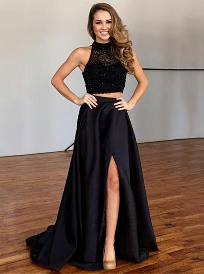 Two Piece Round Neck Satin Beaded Lace Black Prom Dresses with Slit