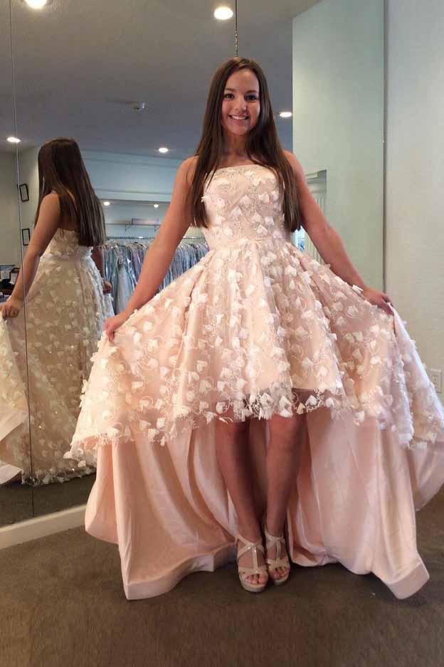 Chic Strapless Hi-Low Pearl Pink Homecoming Dresses with Lace Flowers