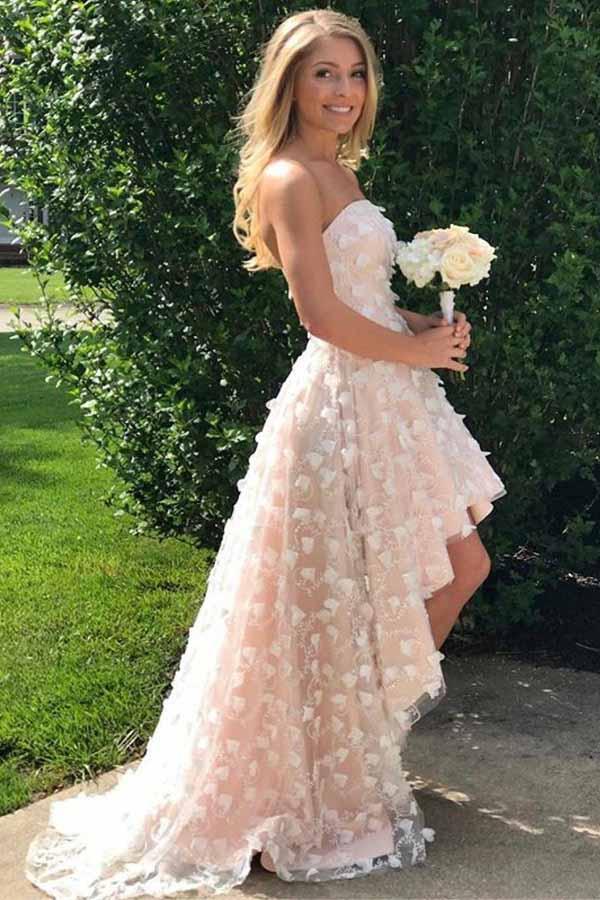 Chic Strapless Hi-Low Pearl Pink Homecoming Dresses with Lace Flowers