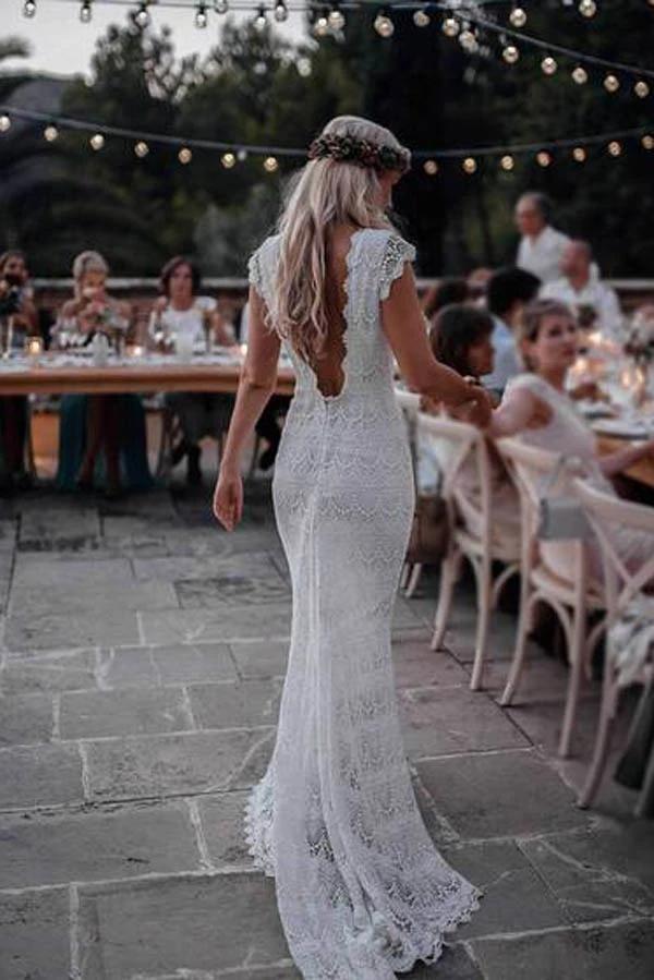 Boho Lace Wedding Dresses Mermaid Backless Bridal Gown with Sleeve