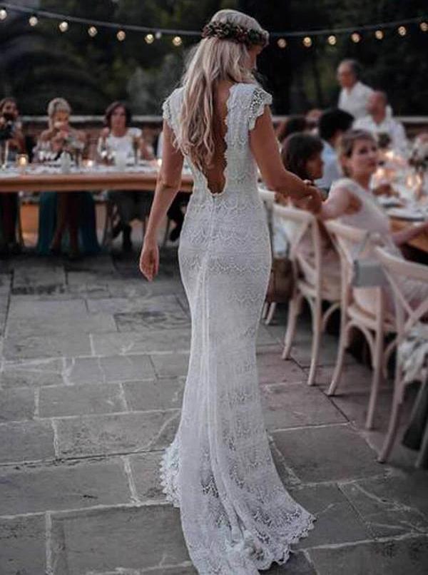 Boho Lace Wedding Dresses Mermaid Backless Bridal Gown with Sleeve