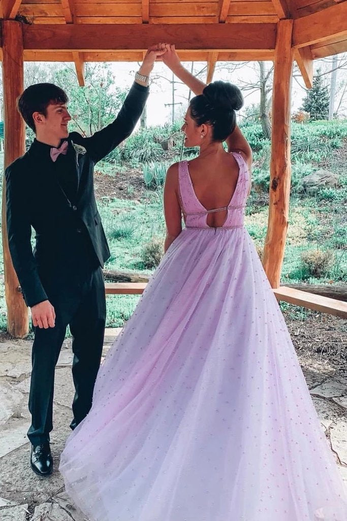 V-Neck A-Line Tulle Long Prom Dresses, Lilac Tulle Long Formal Dress