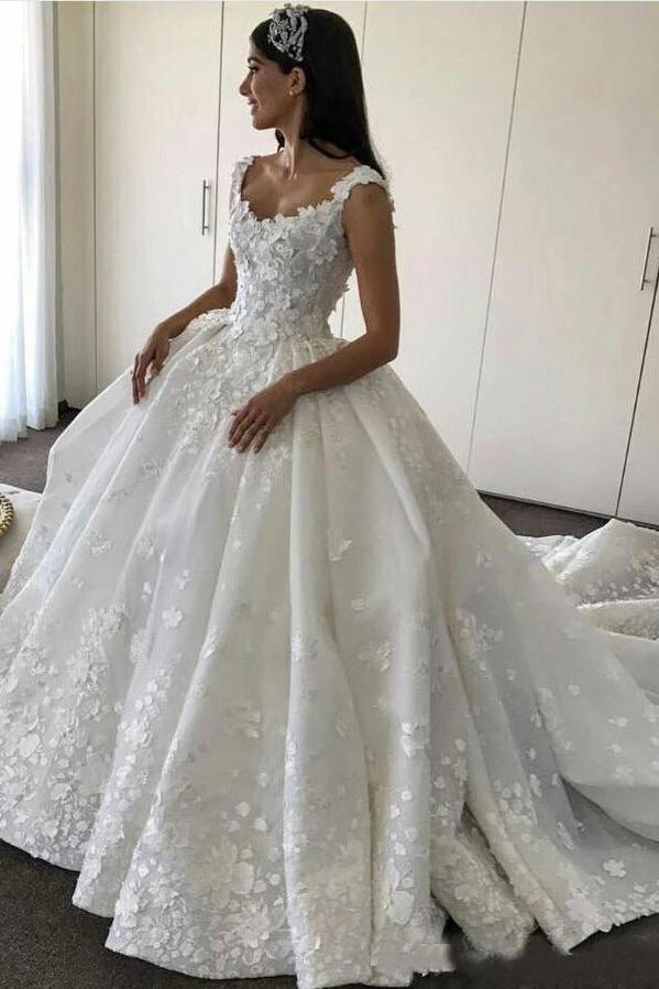 Ball Gown Straps Sweetheart Wedding Dresses Lace Appliques Bridal Dresses