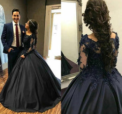 Ball Gown Lace Long Sleeves Prom Dress, Black Quinceanera Dresses