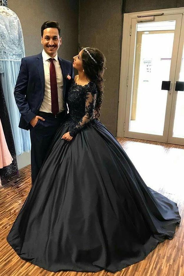 Ball Gown Lace Long Sleeves Prom Dress, Black Quinceanera Dresses