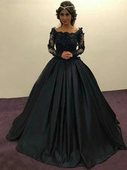 Ball Gown Lace Long Sleeves Prom Dress, Black Quinceanera Dresses