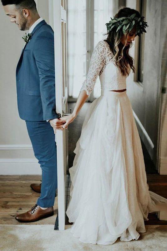 3/4 Sleeve Lace Chiffon Two-Piece Beach Wedding Dress