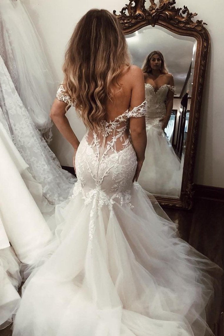 Stunning Off Shoulder Mermaid Lace Applique Wedding Dresses with Tulle Skirt