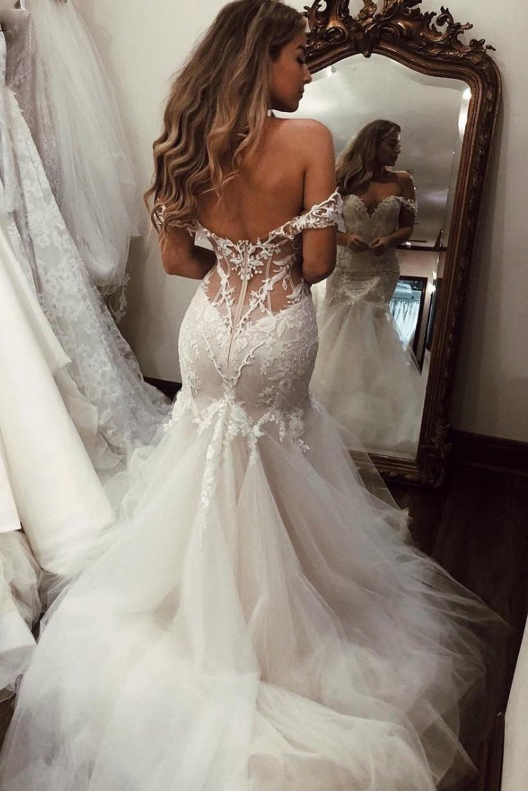 Stunning Off Shoulder Mermaid Lace Applique Wedding Dresses with Tulle Skirt