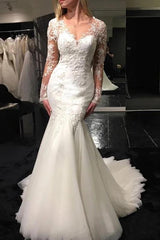 Mermaid V-Neck Long Sleeve Appliques Wedding Dresses with Sheer Back