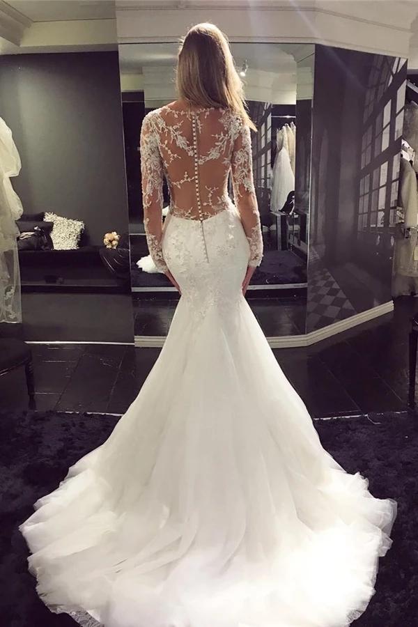 Mermaid V-Neck Long Sleeve Appliques Wedding Dresses with Sheer Back