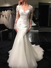 Mermaid V-Neck Long Sleeve Appliques Wedding Dresses with Sheer Back