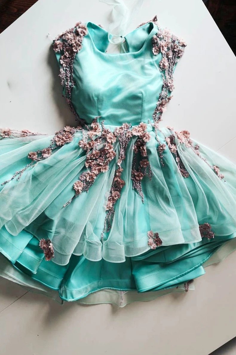 Mint Green Tulle Short Prom Homecoming Dresses with 3D Applique