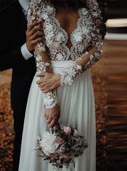 V-neck Lace Long Sleeve Beach Wedding Dresses, Chiffon Bridal Gown with Split