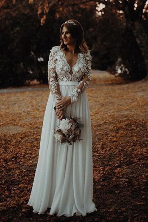 V-neck Lace Long Sleeve Beach Wedding Dresses, Chiffon Bridal Gown with Split