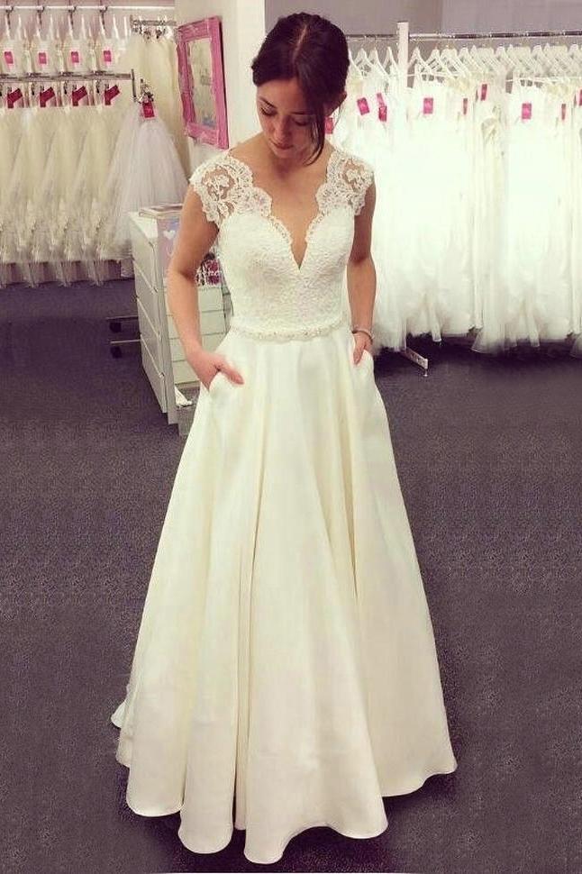 A-Line V-Neck Lace Top Ivory Wedding Dresses, Satin Skirt with Pockets