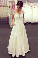 A-Line V-Neck Lace Top Ivory Wedding Dresses, Satin Skirt with Pockets