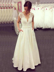 A-Line V-Neck Lace Top Ivory Wedding Dresses, Satin Skirt with Pockets