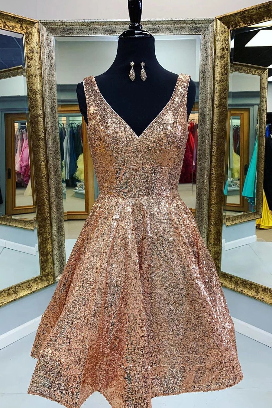 A-Line V-Neck Sequins Short Prom Dress, Gold Homecoming Dress