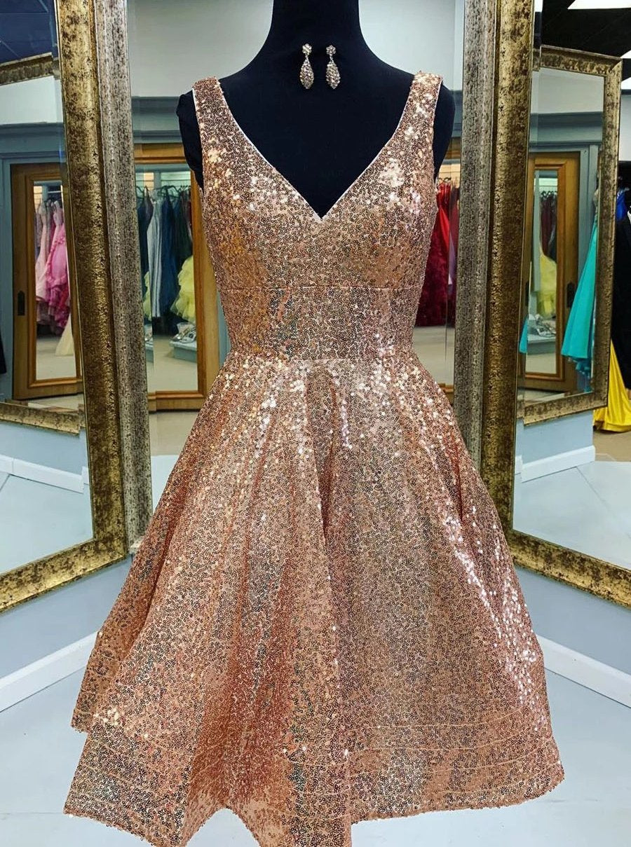 A-Line V-Neck Sequins Short Prom Dress, Gold Homecoming Dress