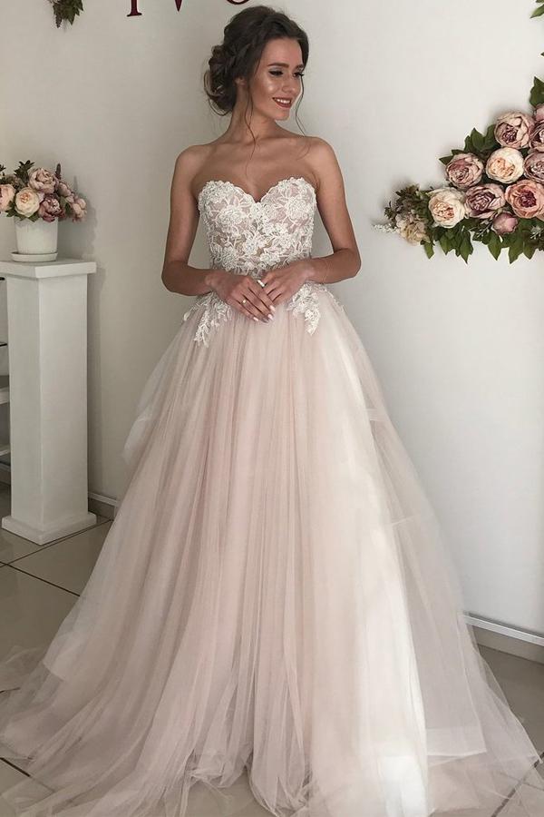 A-Line Sweetheart Boho Bridal Gown, Lace Applique Wedding Dresses