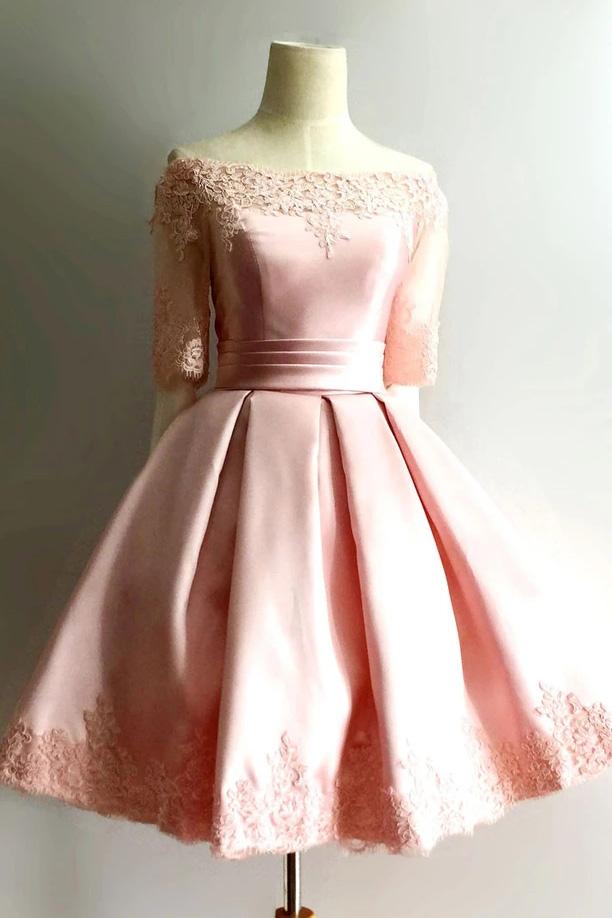 1/2 Sleeve Off-Shoulder Pink Short Prom Homecoming Dress