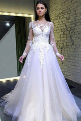 A-Line Long Sleeves Round Neck Tulle Wedding Dresses with Lace Appliques