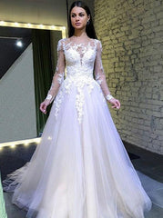 A-Line Long Sleeves Round Neck Tulle Wedding Dresses with Lace Appliques