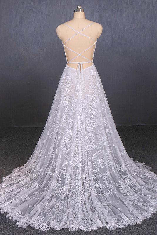 Spaghetti Straps Lace Wedding Dresses Backless Beach Bridal Dresses