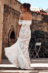 Elegant Ivory Off-Shoulder Mermaid Beach Lace Wedding Dress